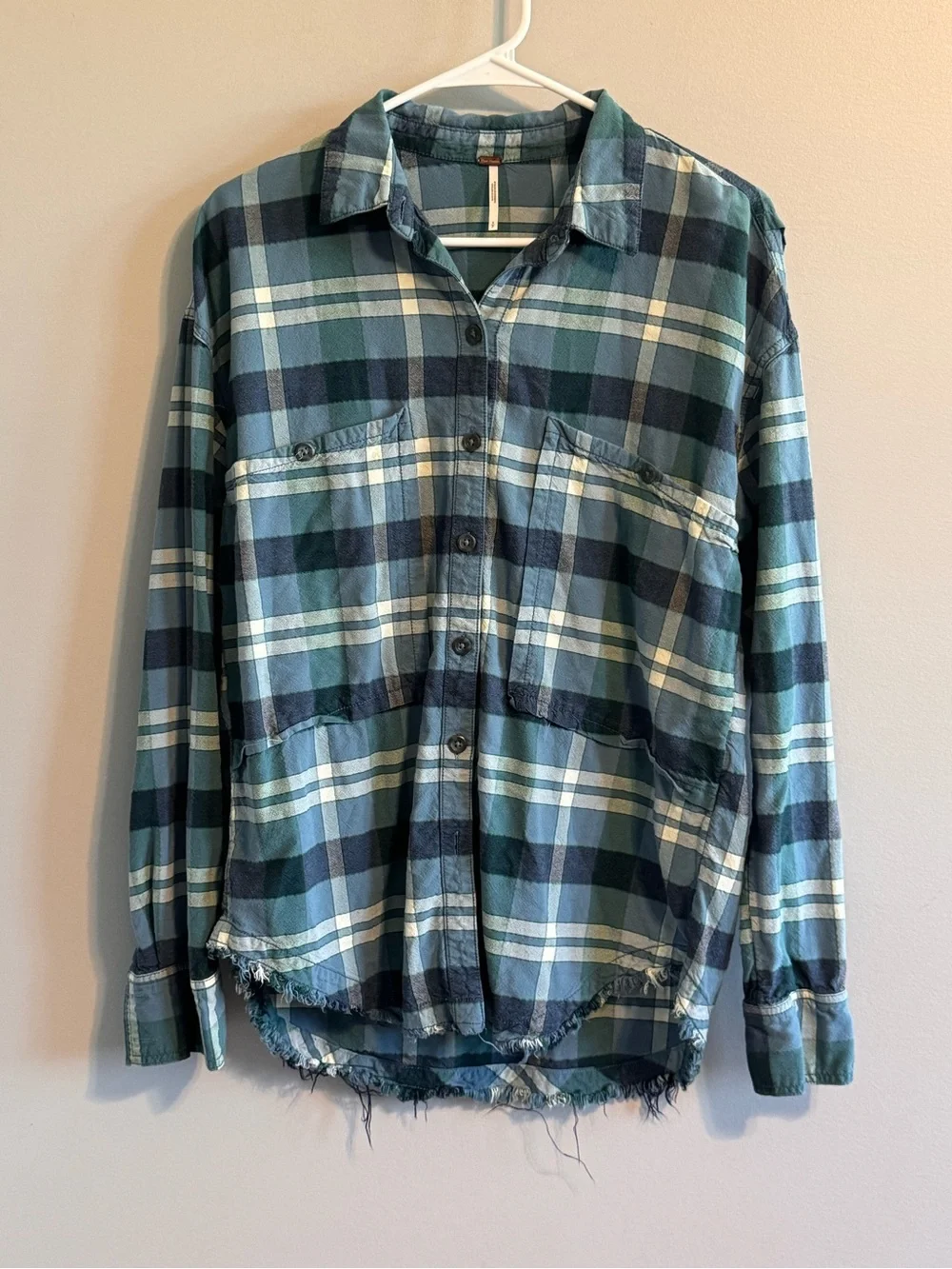Free People Blue Plaid‎ Frayed Hem Button Front Shirt Small